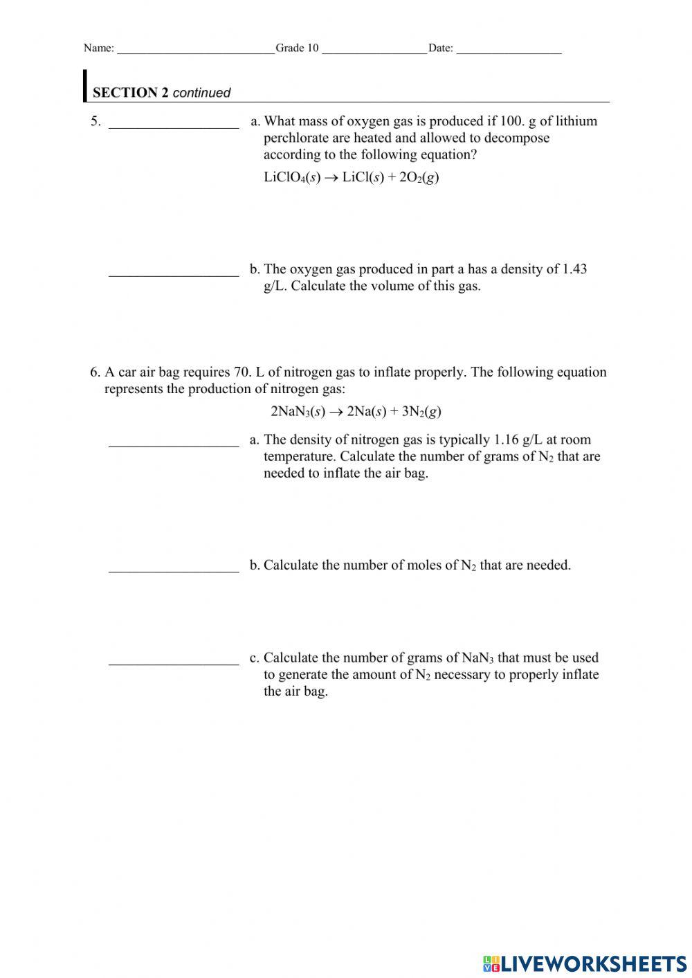 Ideal stoichiometric calculations