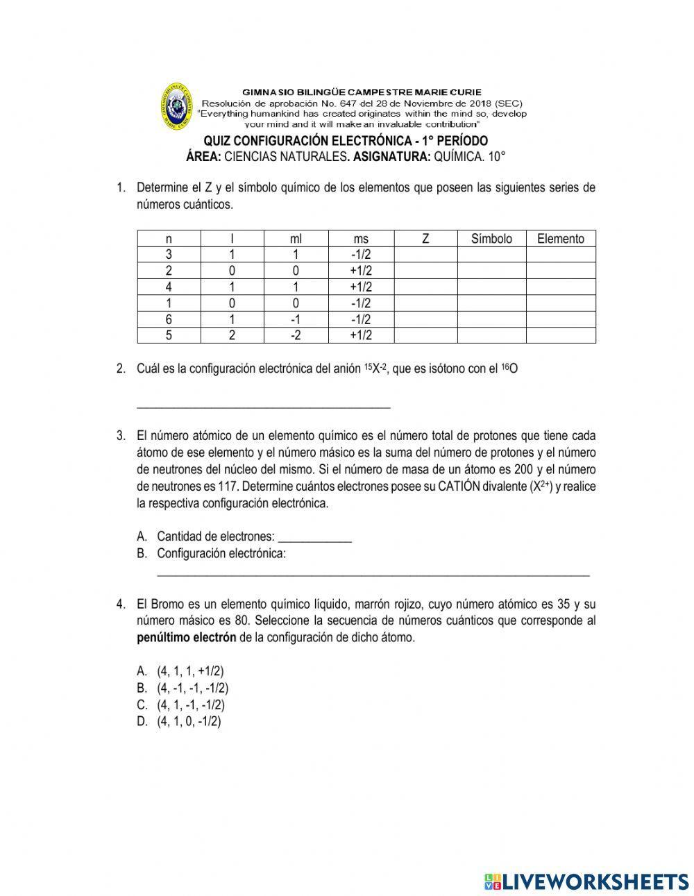 Configuración electrónica y números cuánticos