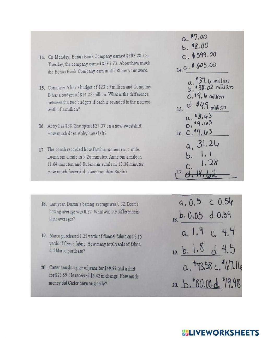 Ch 5 math online exercise for live worksheets