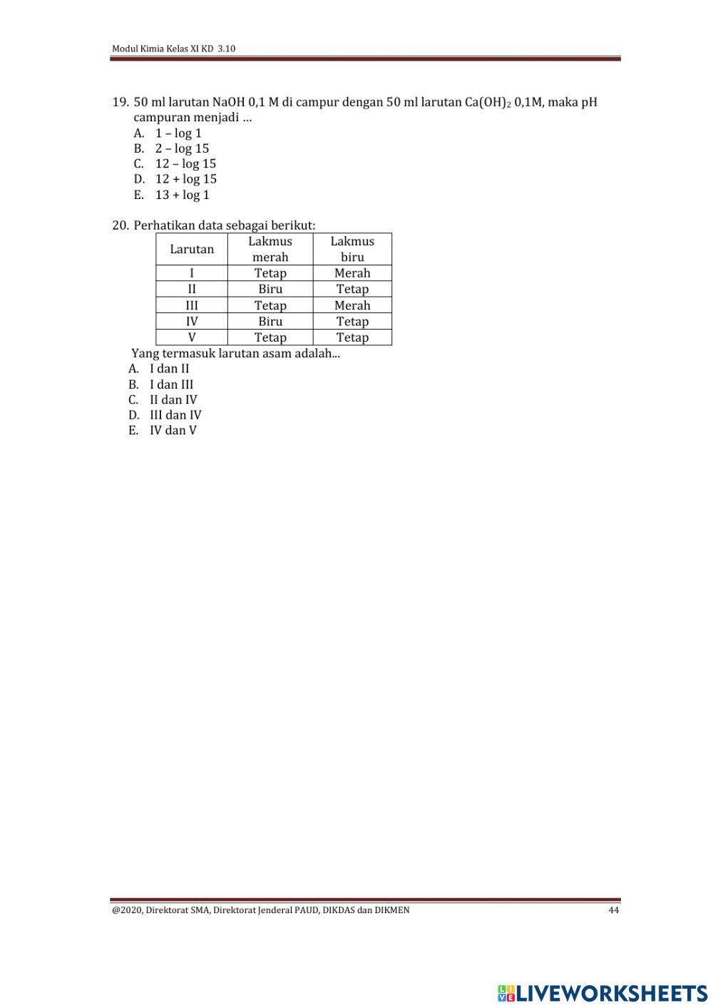 SOal UH Kimia 1 dan 2 Kelas XI