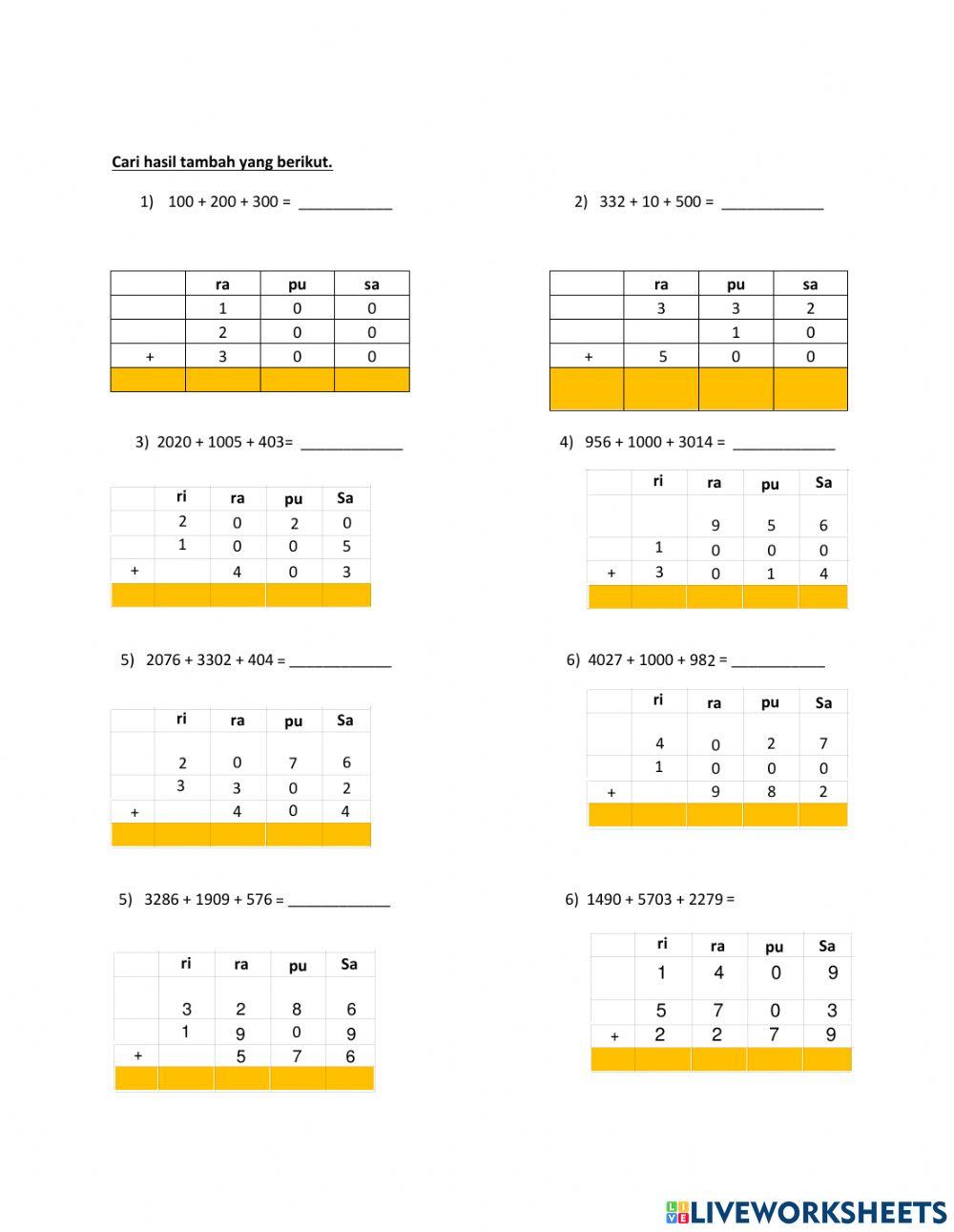 Tambah tiga nombor tahun 3