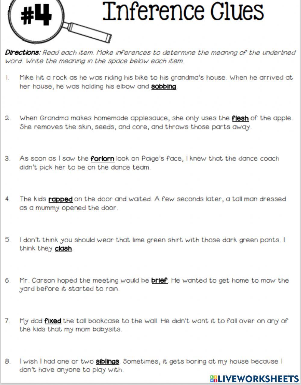 Inference Context Clues online exercise for | Live Worksheets
