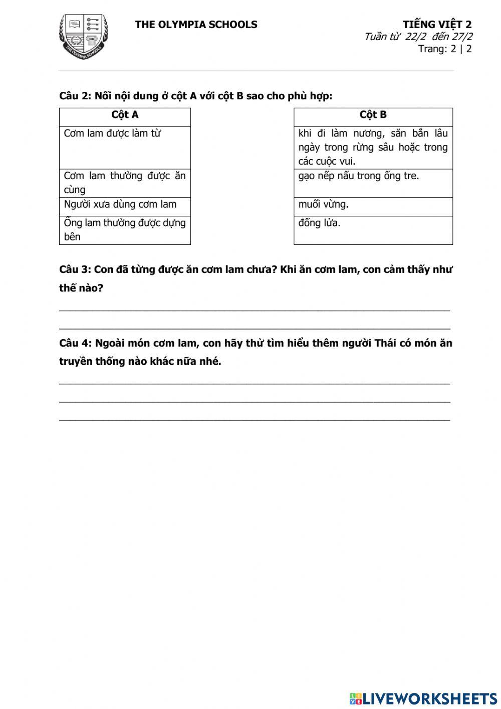 Phiếu nhiệm vụ đọc hiểu - Tuần 25