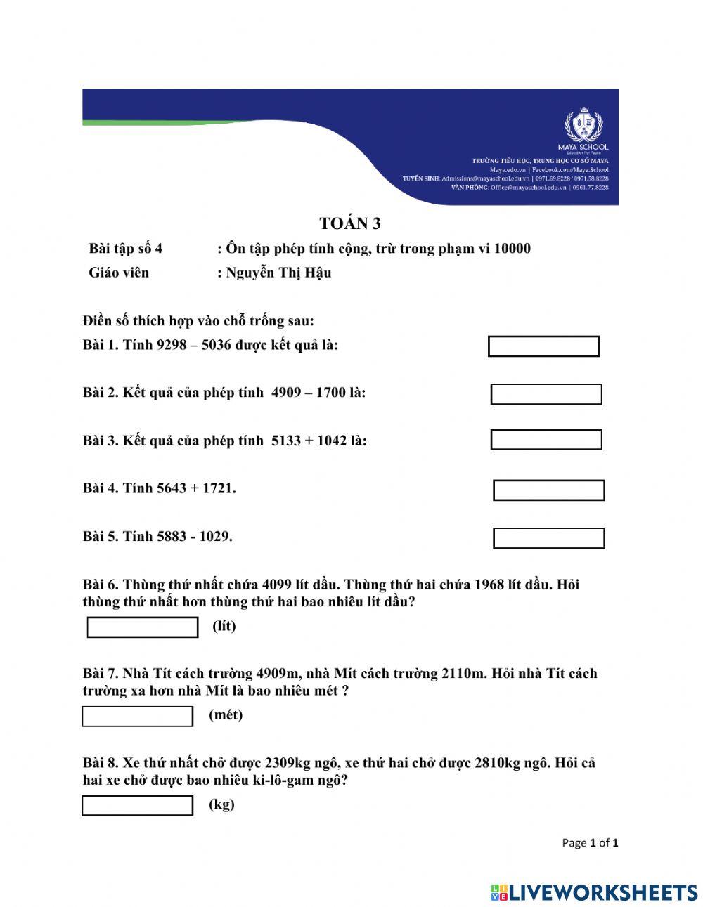 Toán 3 - 2021.02.23 - Ôn tập các phép tính cộng, trừ trong phạm vi 10000