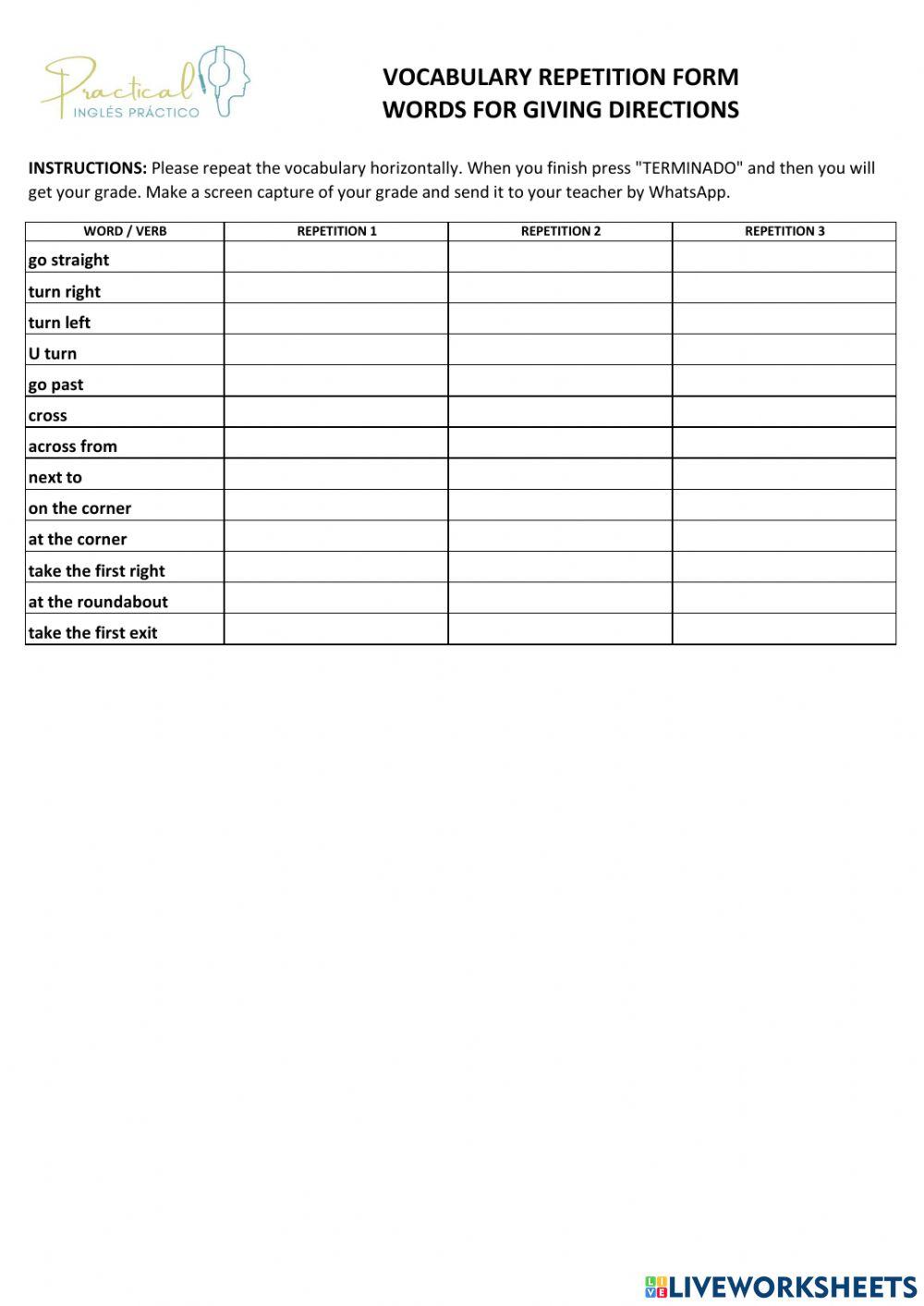 Vocabulary repetition form - giving directions