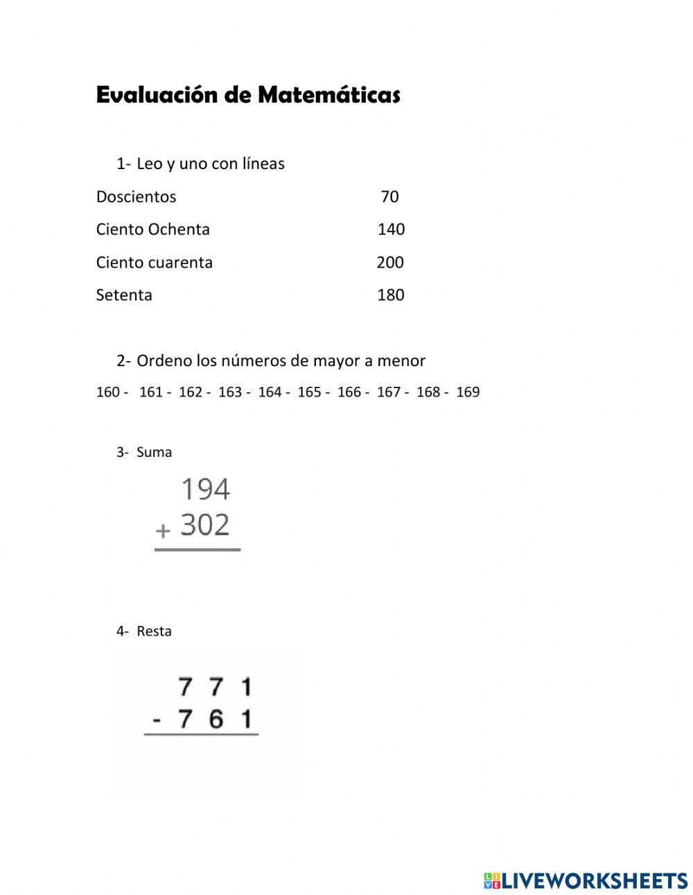 Evaluacion de matematicas 2do
