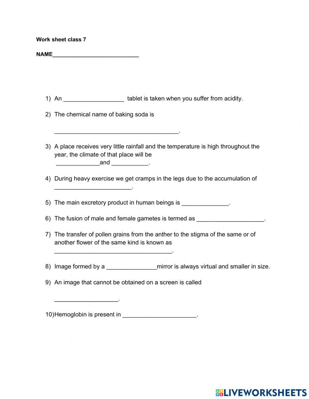 Worksheet science 7