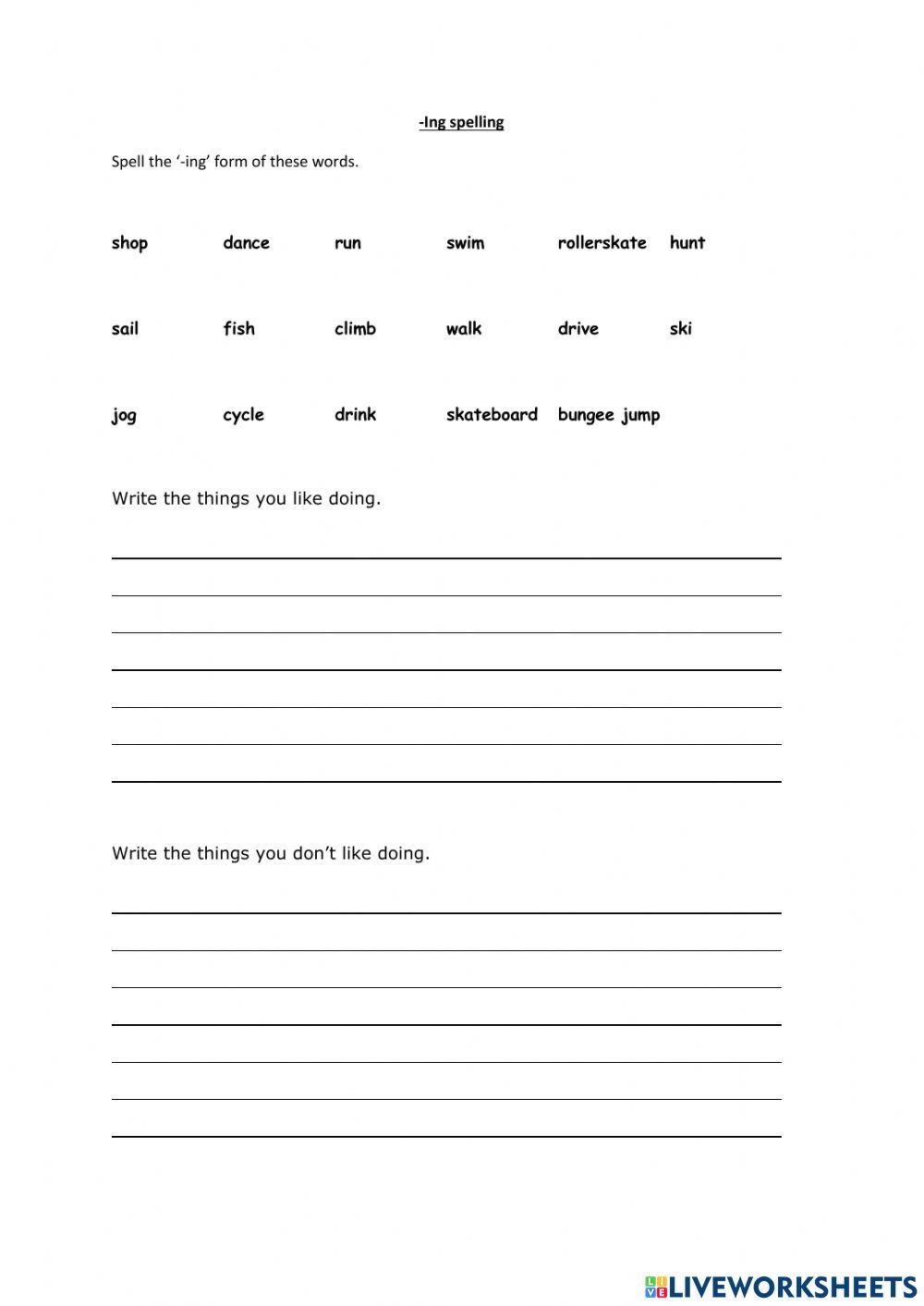 Spelling ing, likes and dislikes worksheet | Live Worksheets