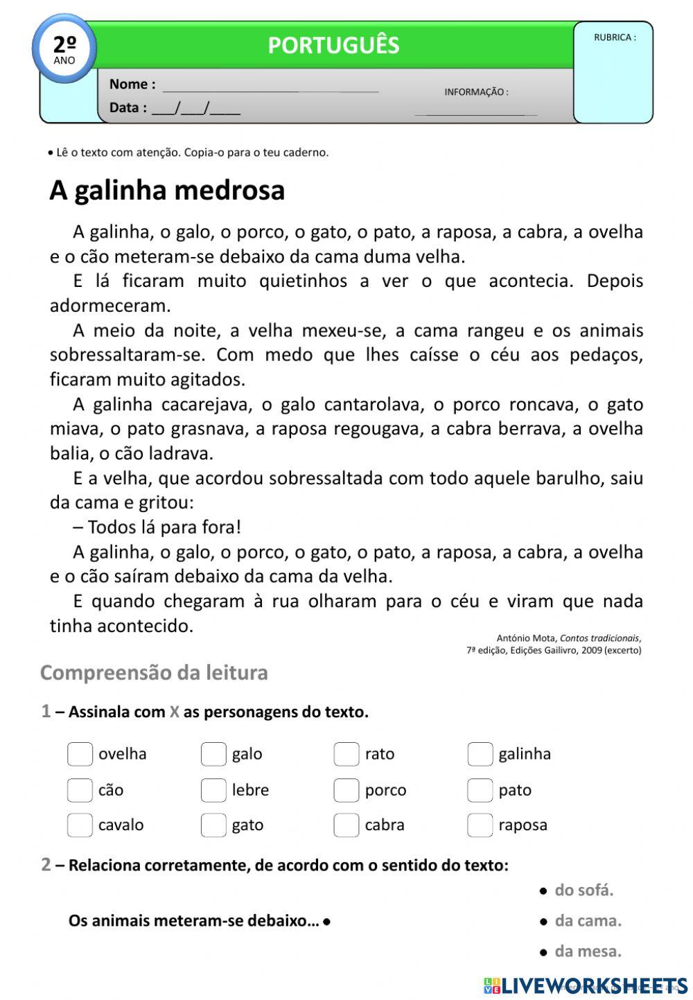 ficha de português - a galinha medrosa 