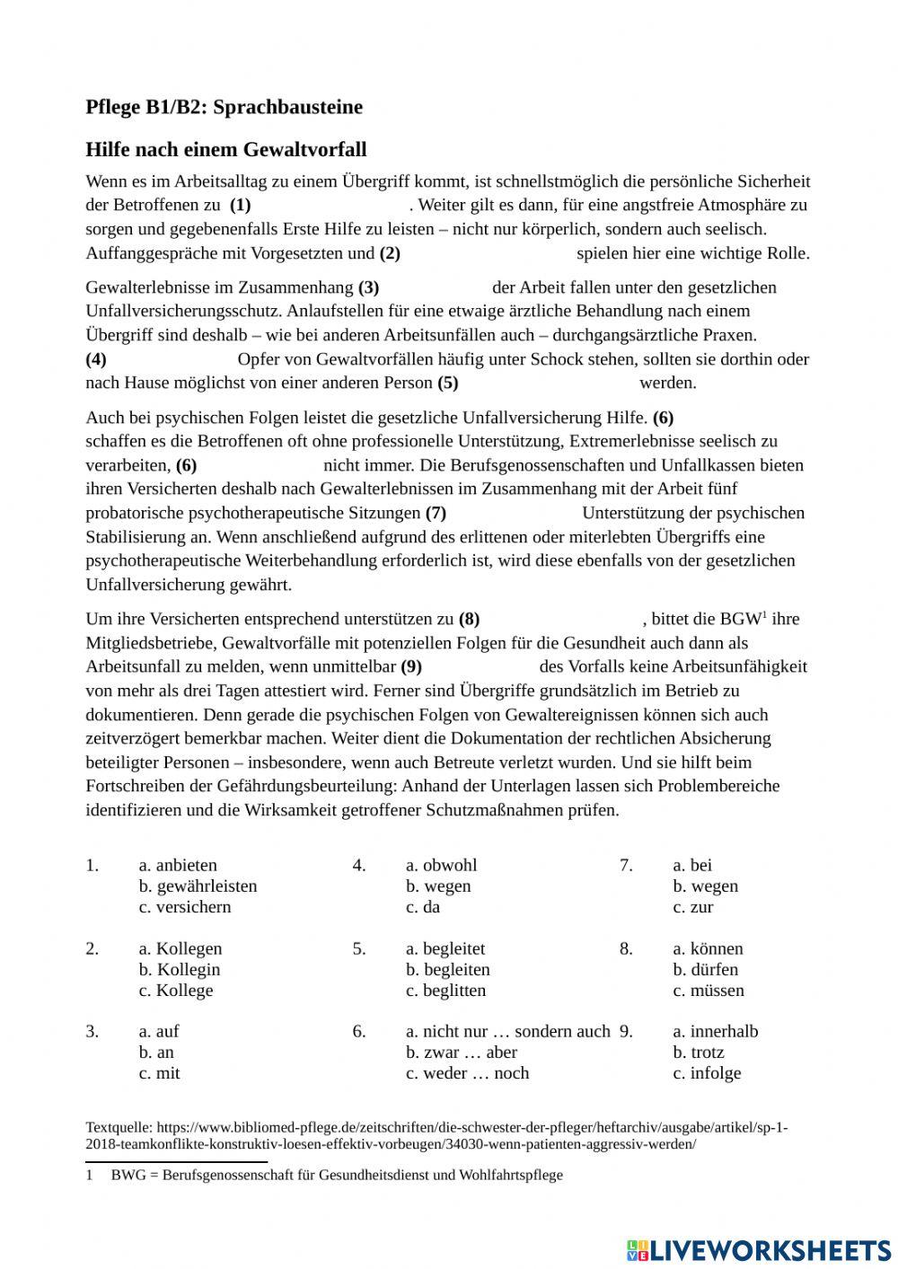 Pflege B2: Sprachbausteine 1