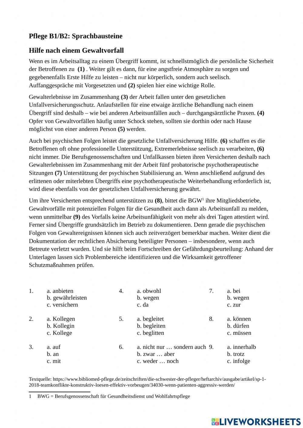 Pflege B2: Sprachbausteine 1