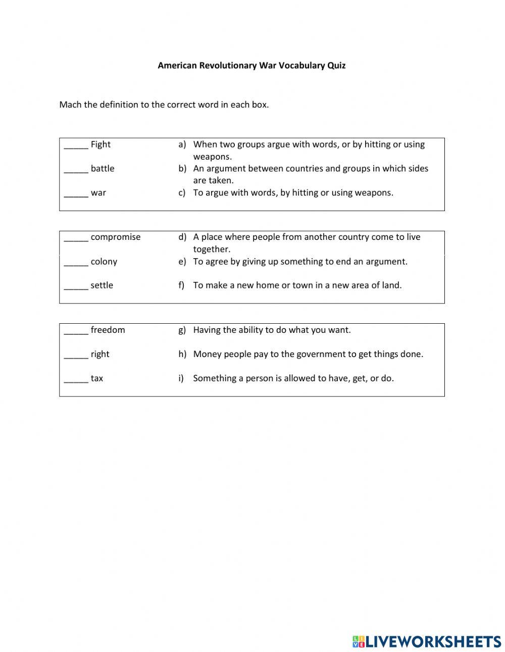 American Revolutionary War Vocabulary Quiz