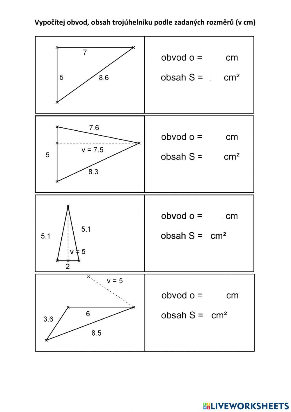 Obvod, obsah trojúhelníku Obvod, obsah trojúhelníku