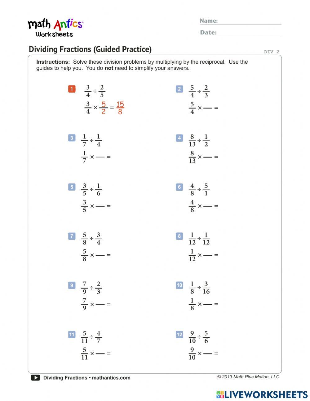 Math Antics Dividing Fractions Online Exercise For Live Worksheets Math Antics Dividing Fractions Online Exercise For Live Worksheets