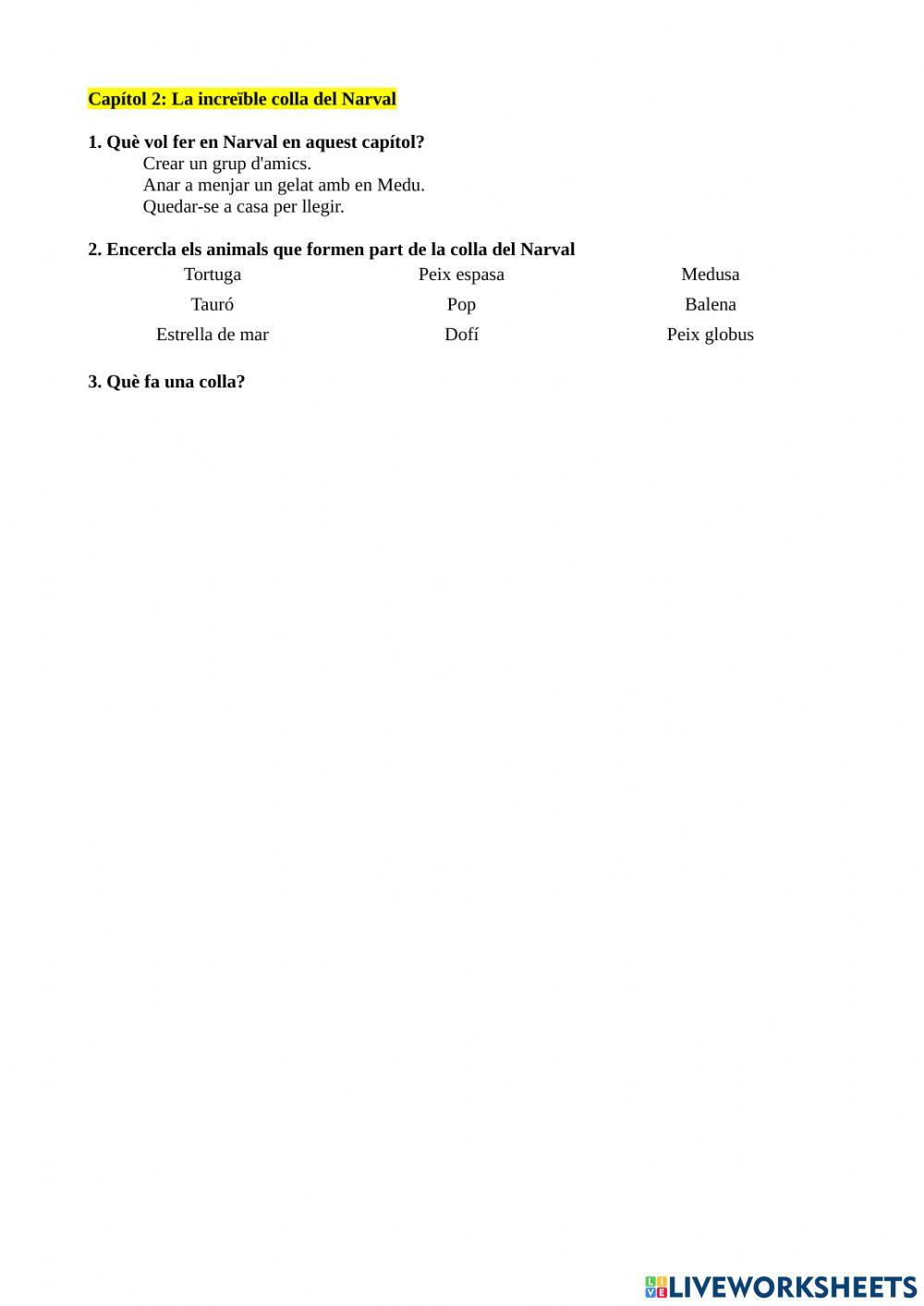Comprensió lectora Narval unicorni marí Capítol 2