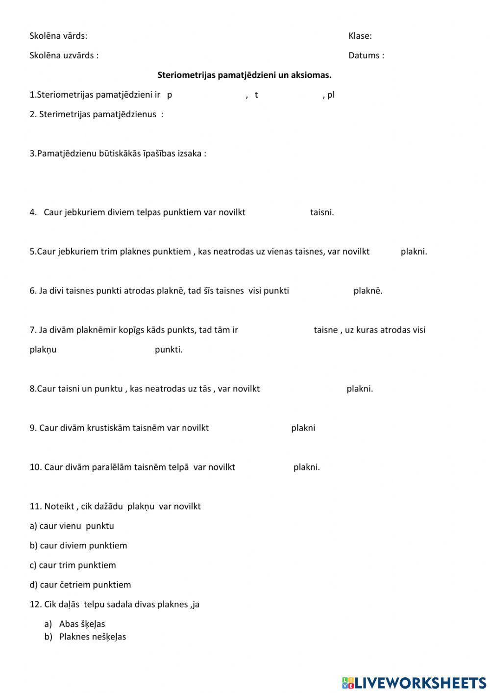 Steriometrijas  pamatjēdzieni un aksiomas