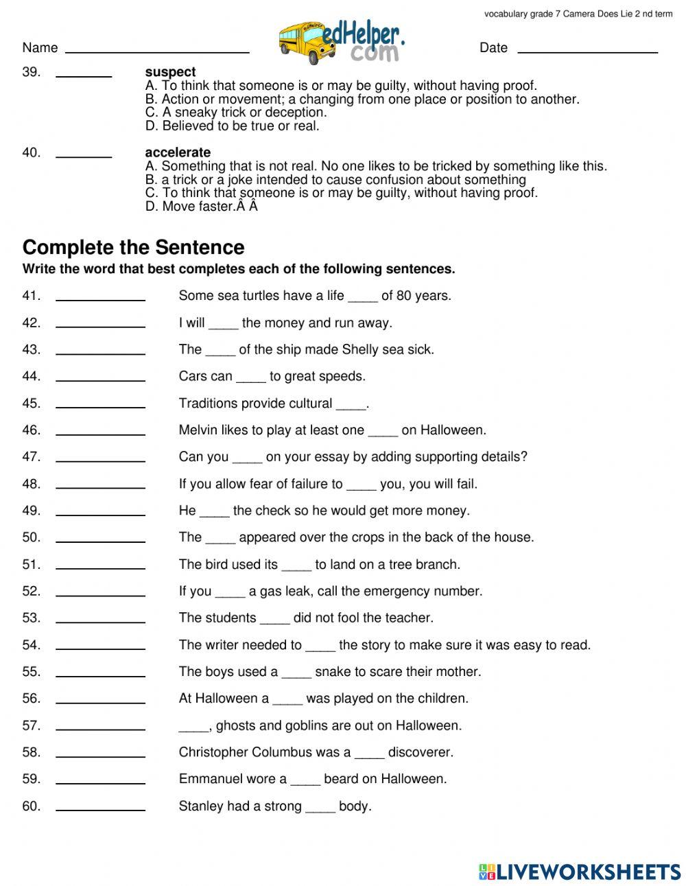 6440900 Camera Does Lie vocabulary practice grade 7