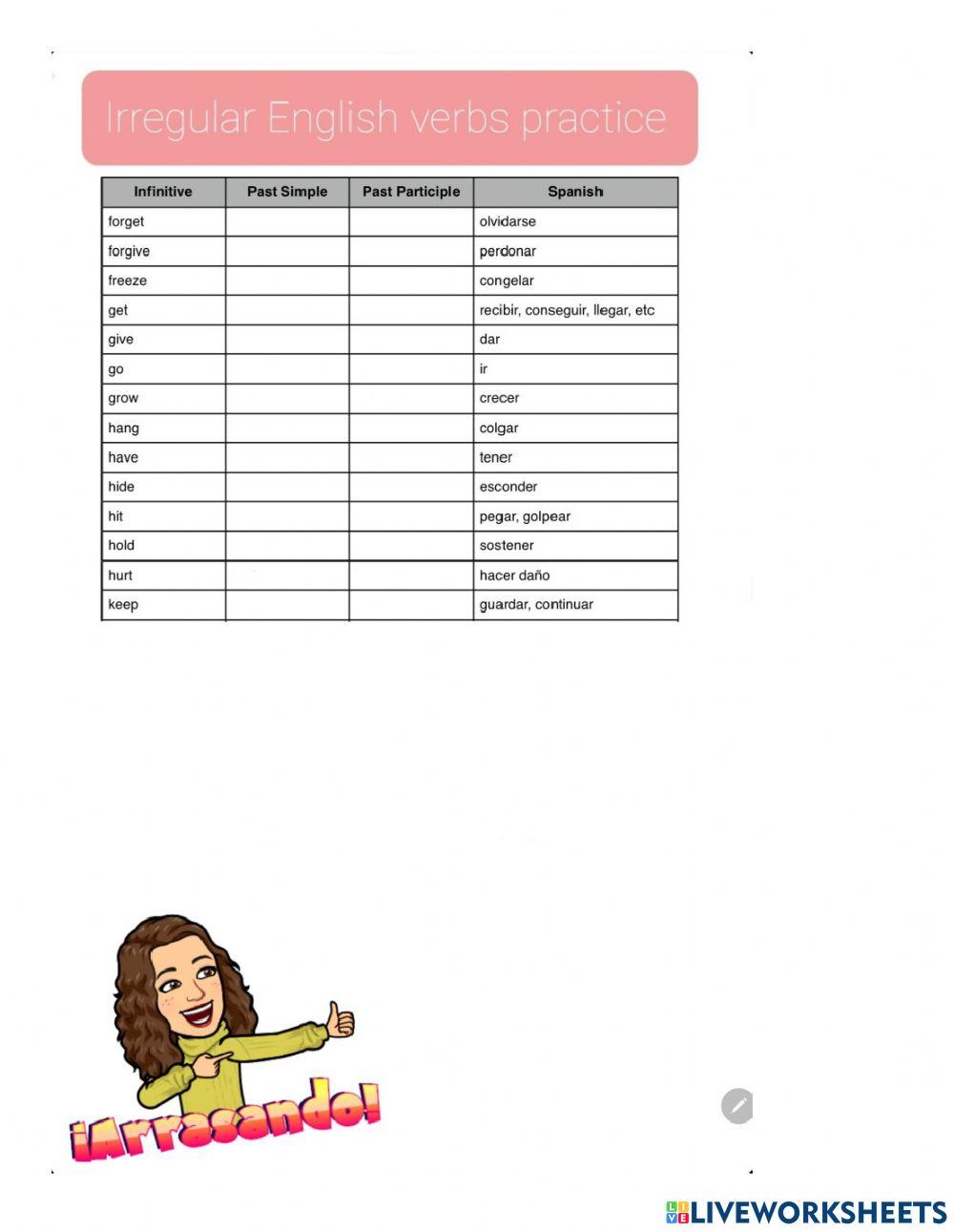 14 irregular verbs in alphabetical order from 2nd list