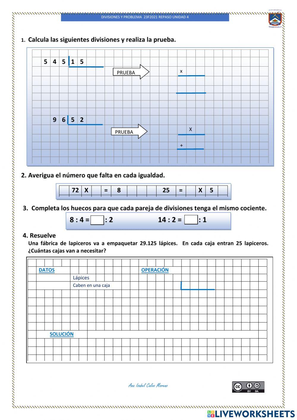 Divisiones y problema repaso unidad 4