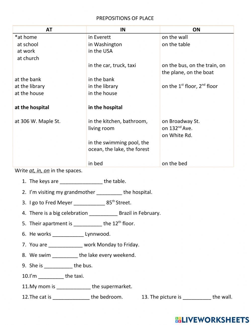 Prepositions of Place