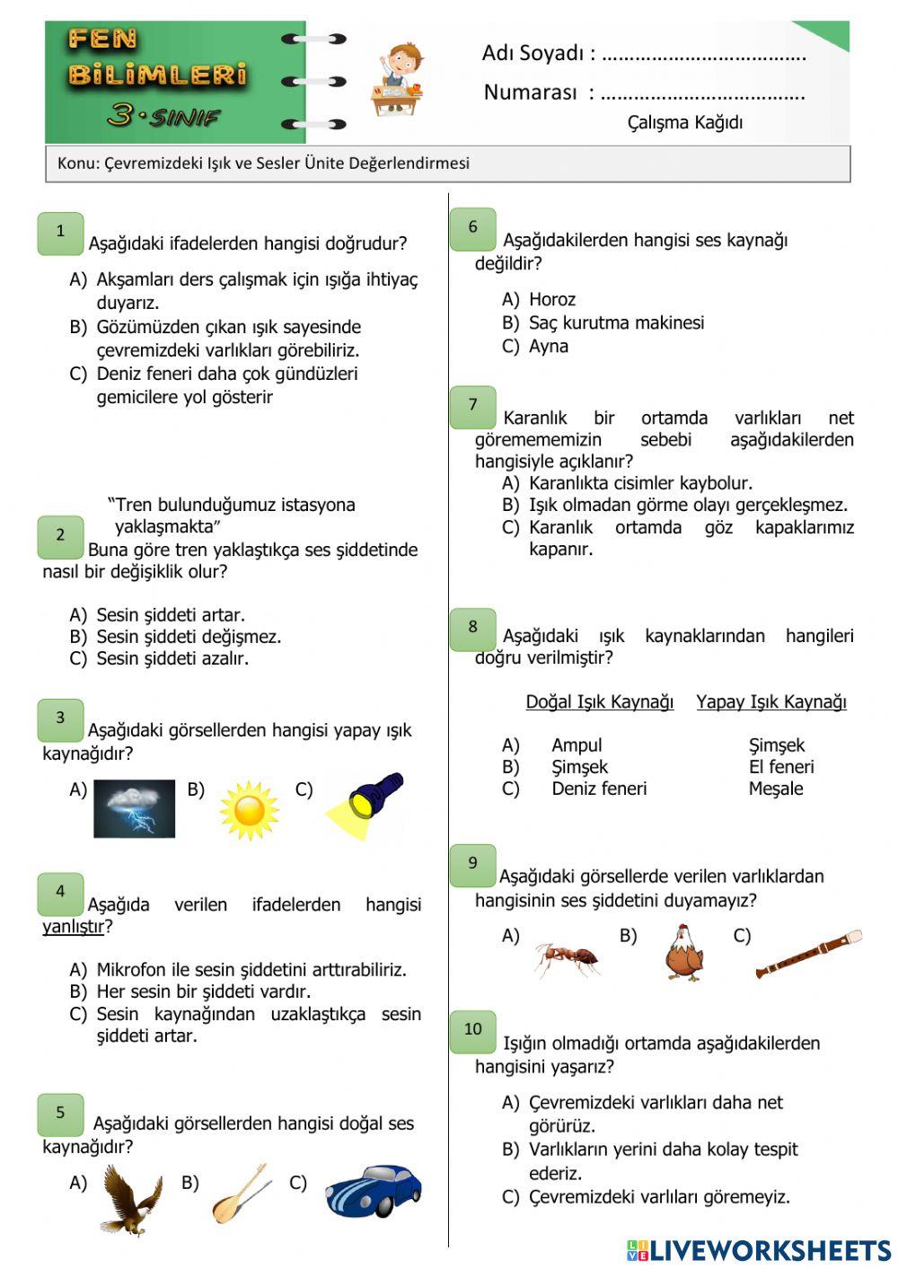 3. sınıf fen bilimleri ışık ve ses test