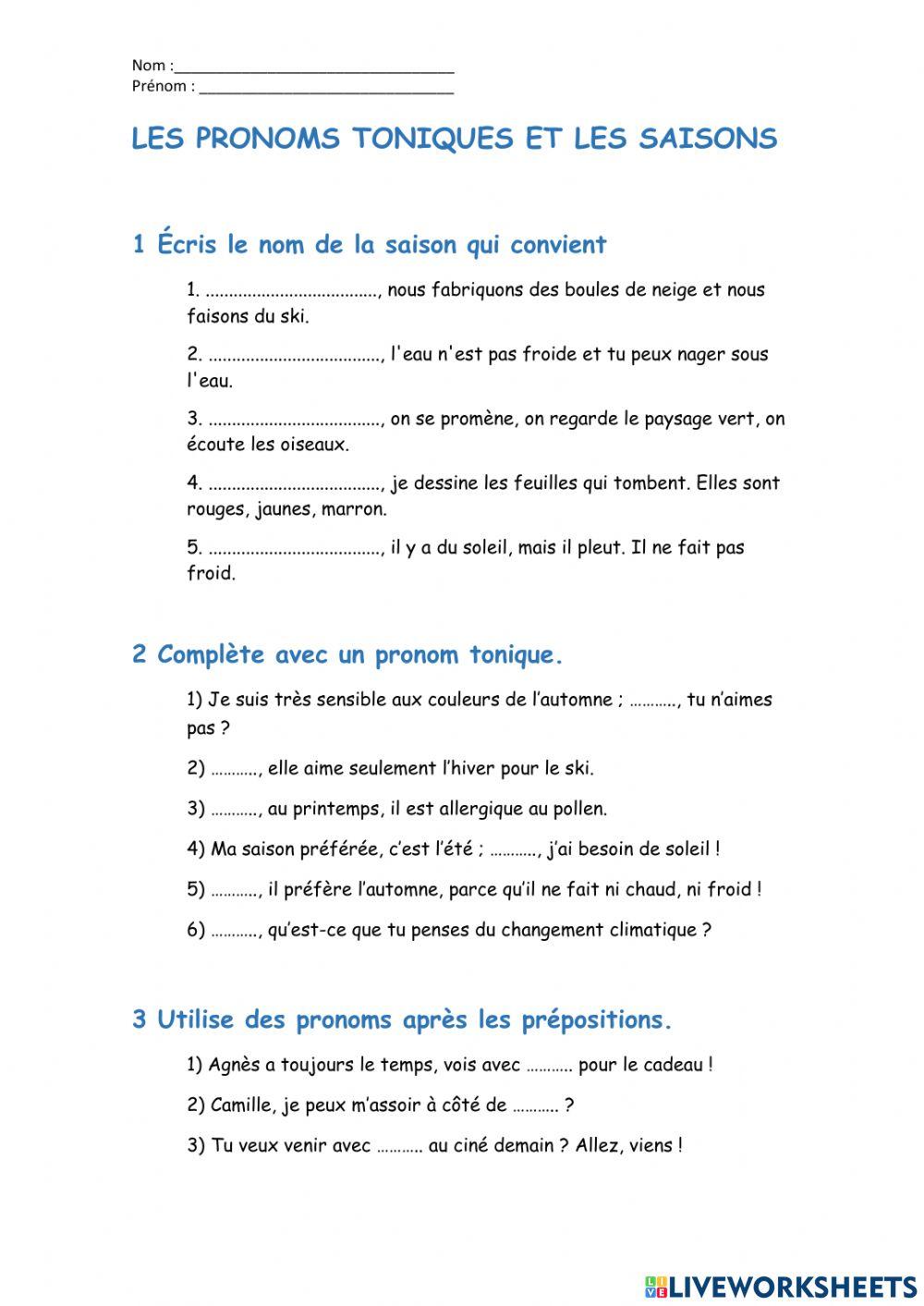 Les pronoms toniques et les saisons