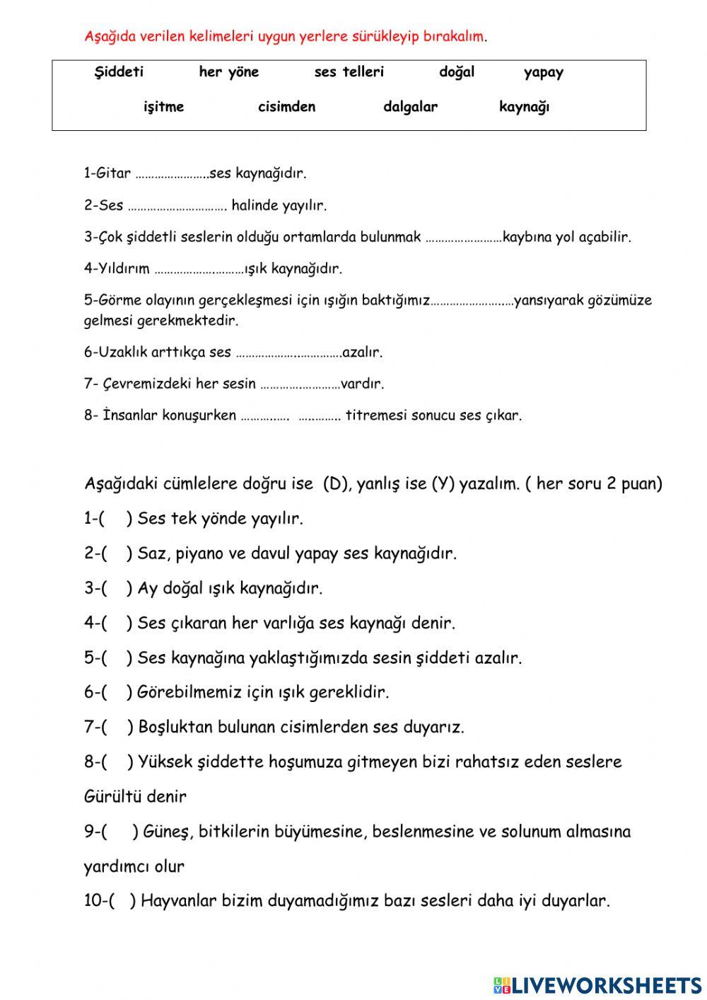 3. sınıf fen bilimleri ışık ve ses