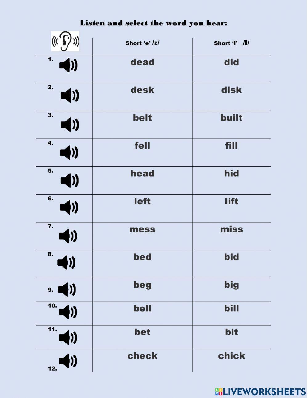 Pronunciation Pairs- short e - short i