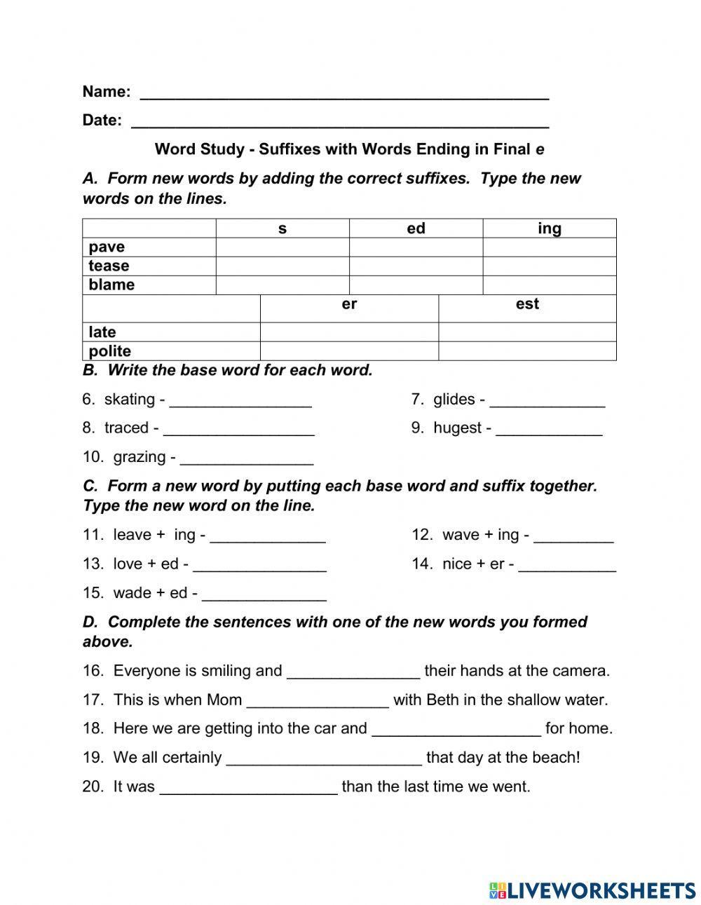 Suffixes with Words ending in Final e