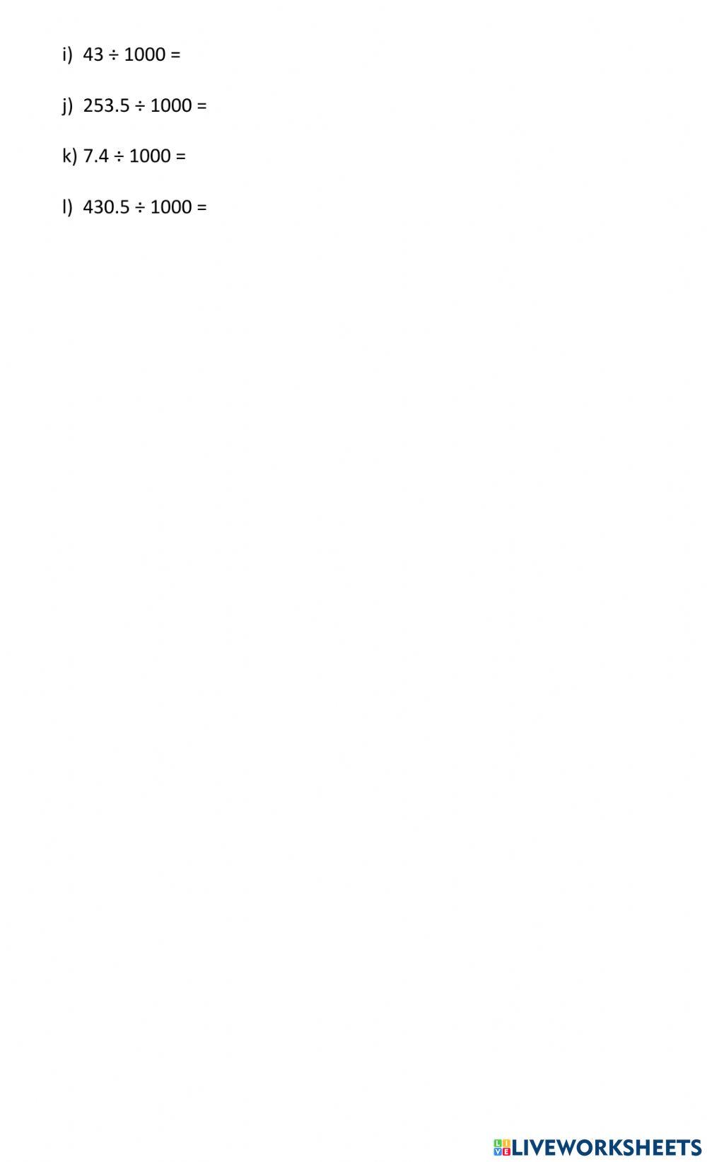 Dividing Decimals by 10, 100, 1000