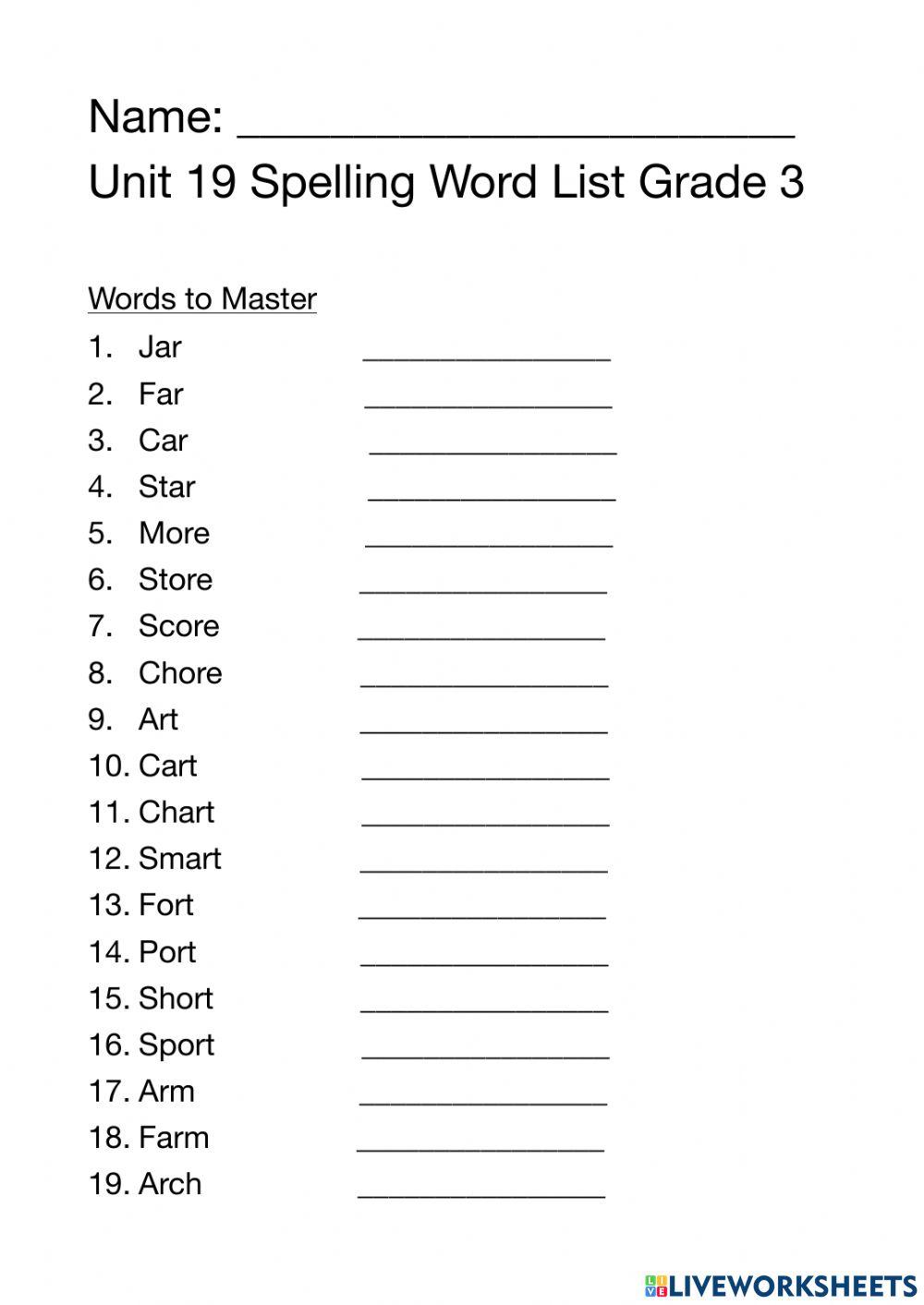 Spelling Unit 19 Words To Master Grade 3 