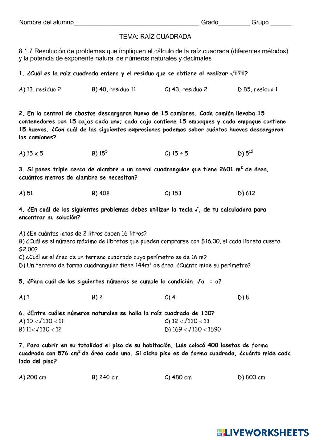 Problemas razonados de raíz cuadrada