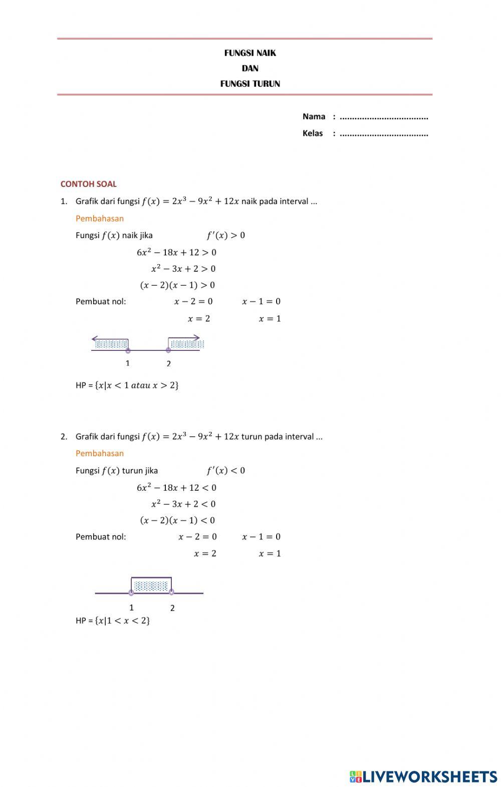 Fungsi naik, Fungsi Turun, Nilai Stasioner