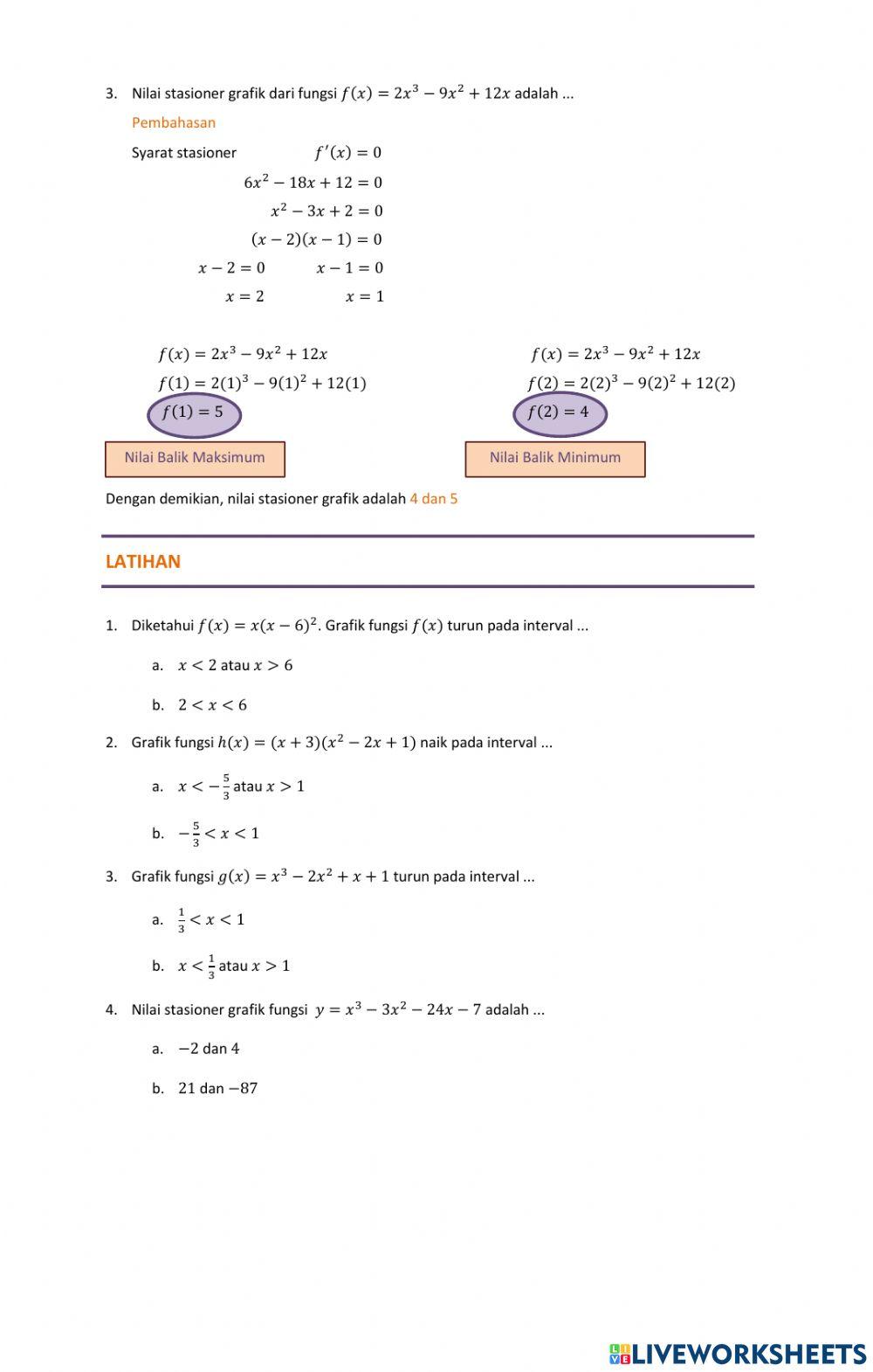 Fungsi naik, Fungsi Turun, Nilai Stasioner