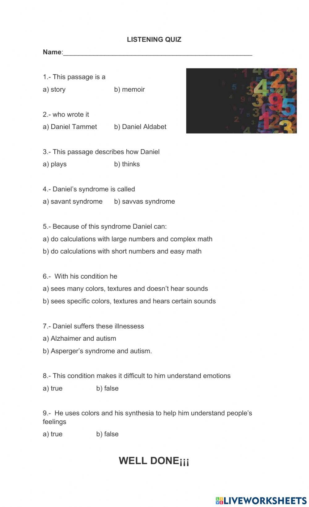 Listening quiz English as a Second Language (ESL) activity Live