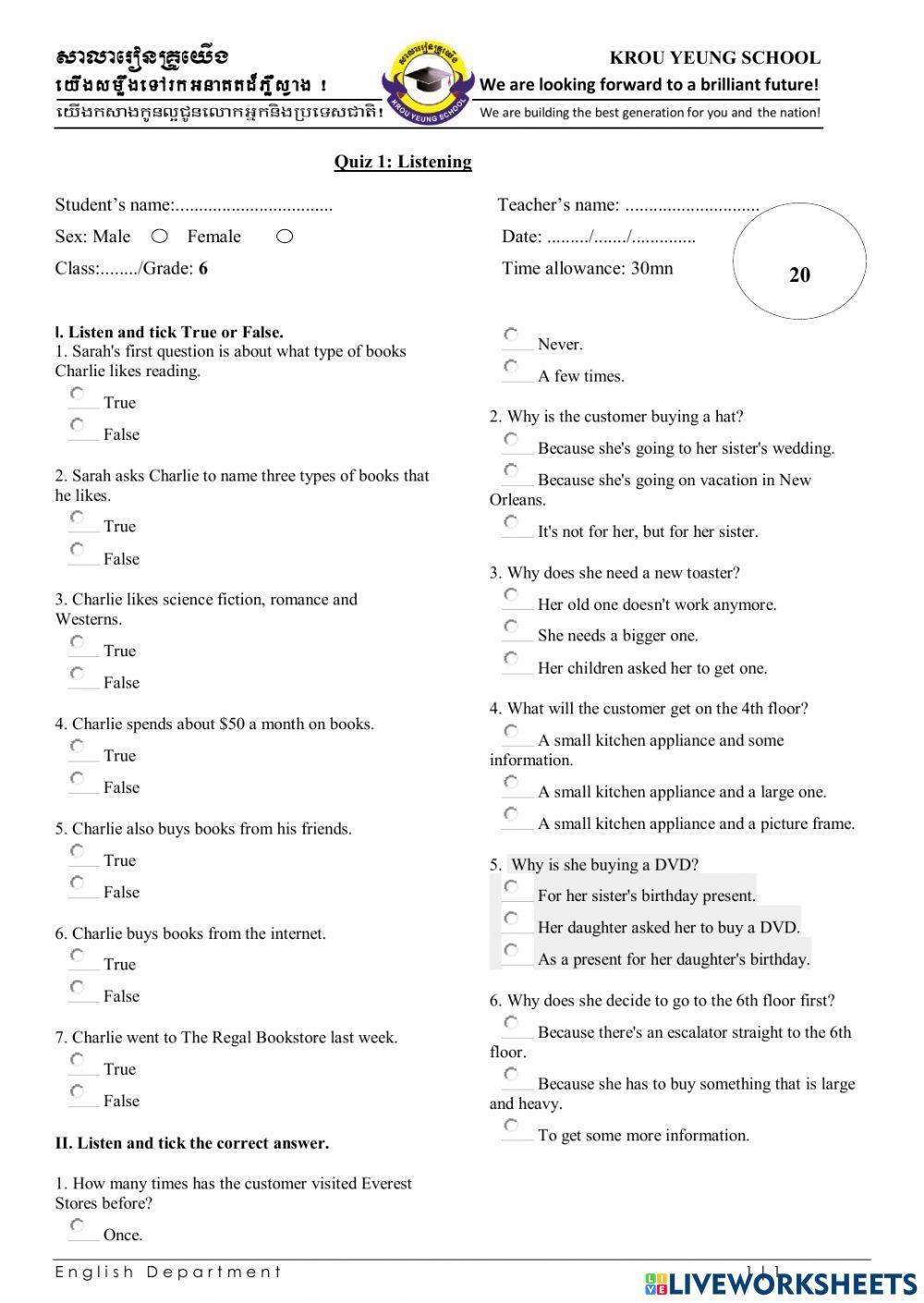 Listening for grade 6 students