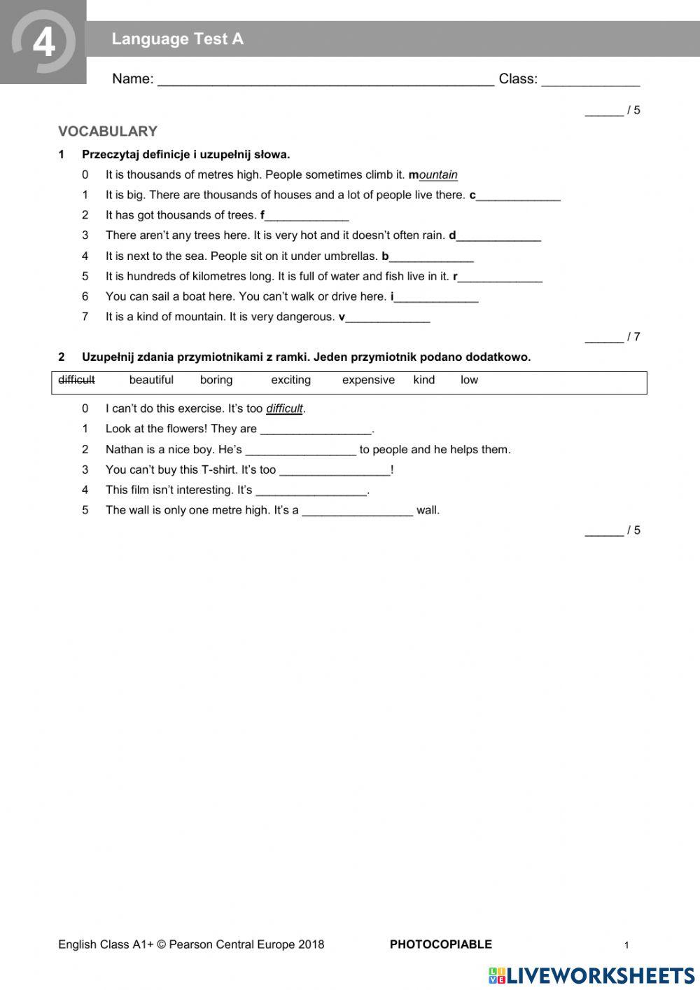 English Class A1+ Test Unit 4