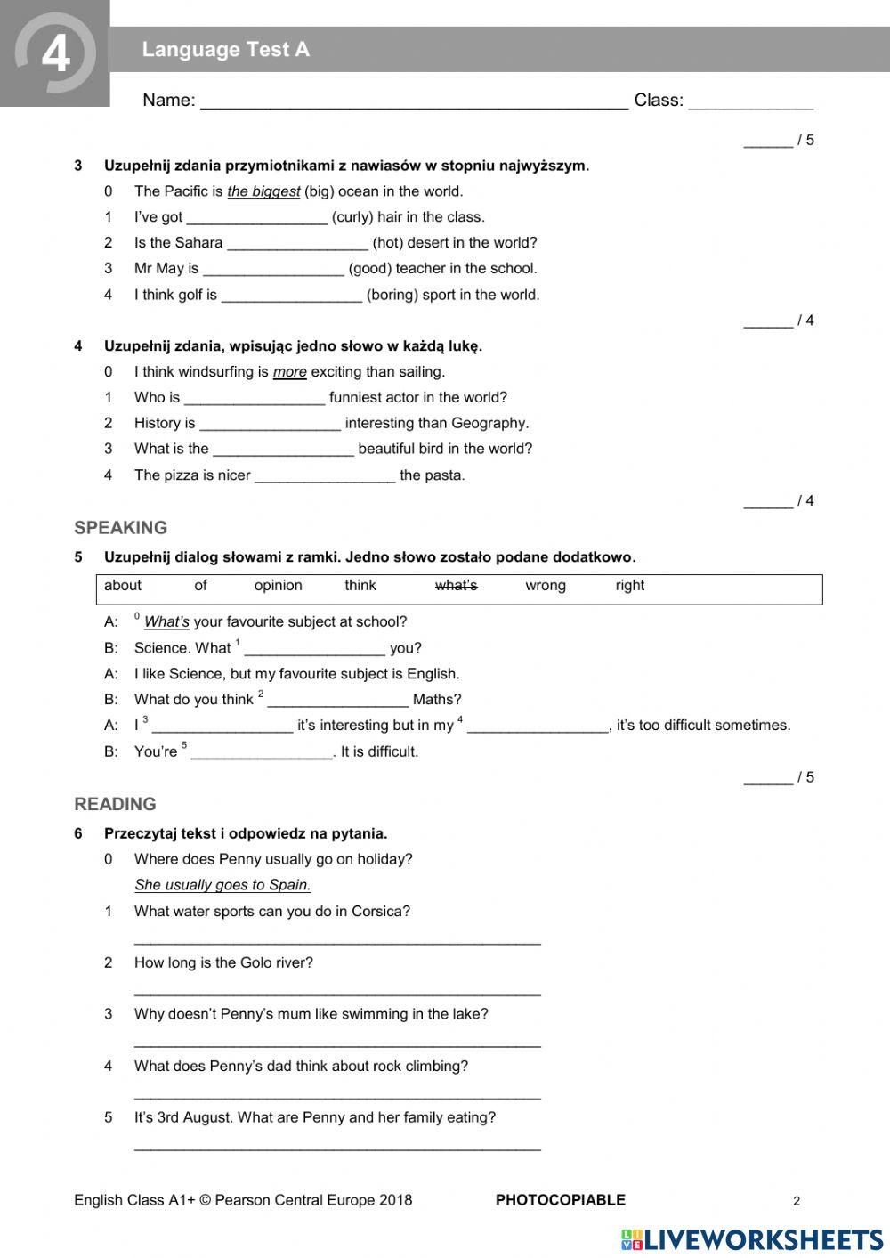 English Class A1+, Test Unit 4 online exercise for | Live Worksheets