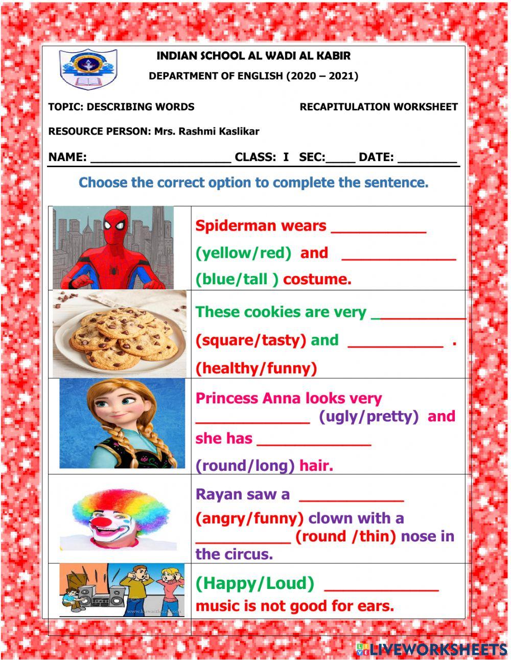 Recap worksheet- describing words
