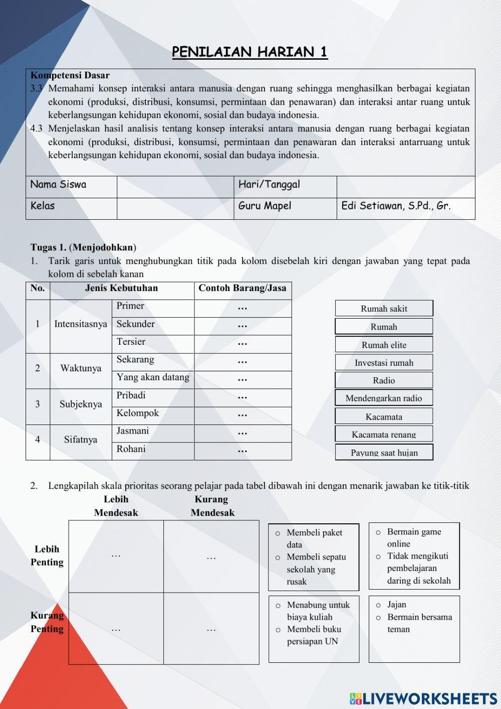 Penilaian Harian 1 KD. 3.3 & 4.3 IPS Kelas 7 Semester Genap