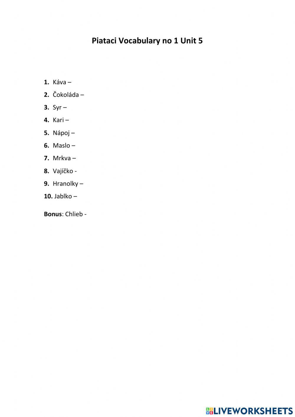 Piataci Vocab no 1 Unit 5