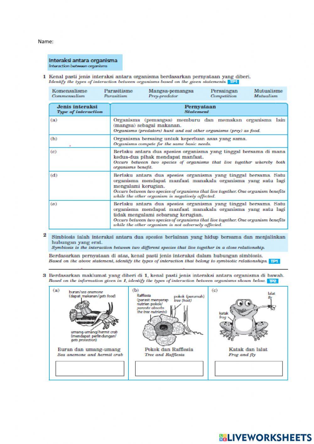 Mutualism ,commensalism, parasitism, prey-predator, competition