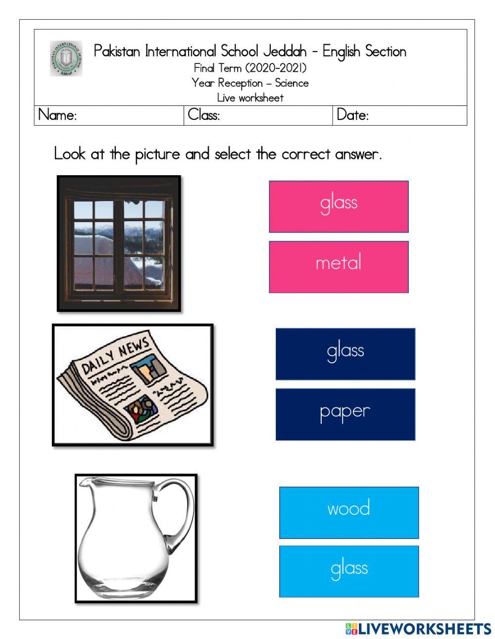 Science live worksheet material