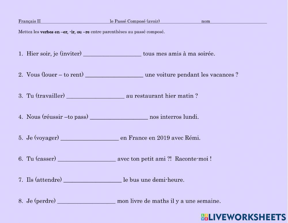 Passé Composé with avoir (regular verbs only)