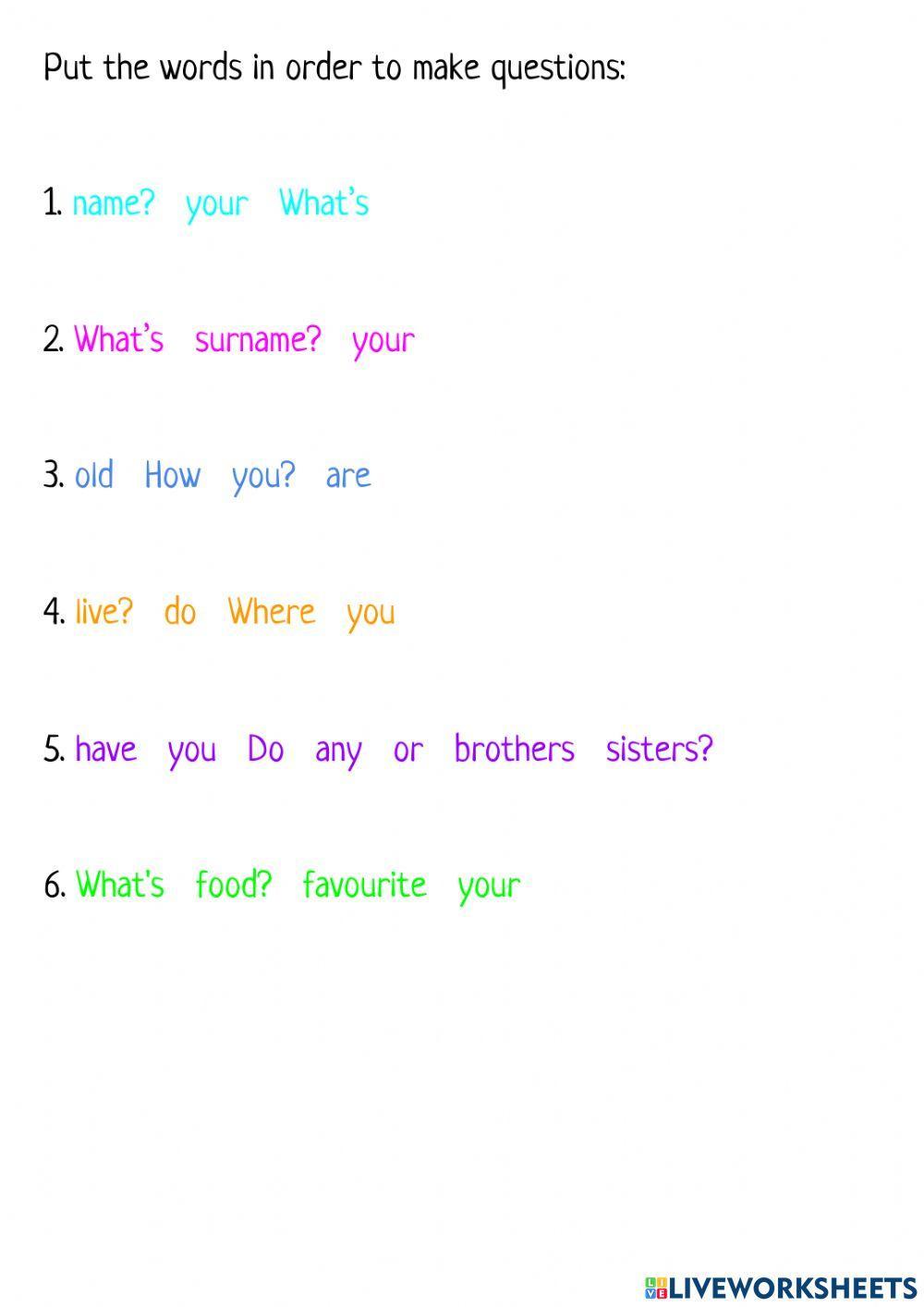 Personal Information: Put the words in order