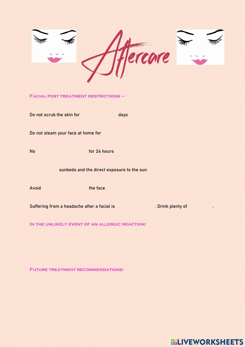 Facial aftercare sheet