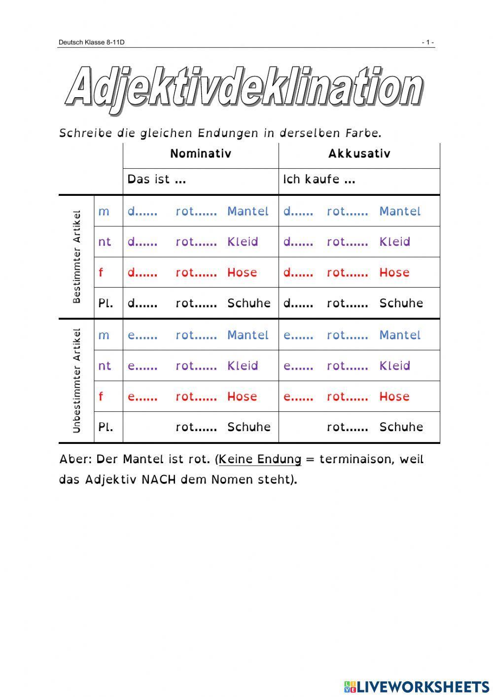 Adjektivdeklination Nominativ Akkusativ