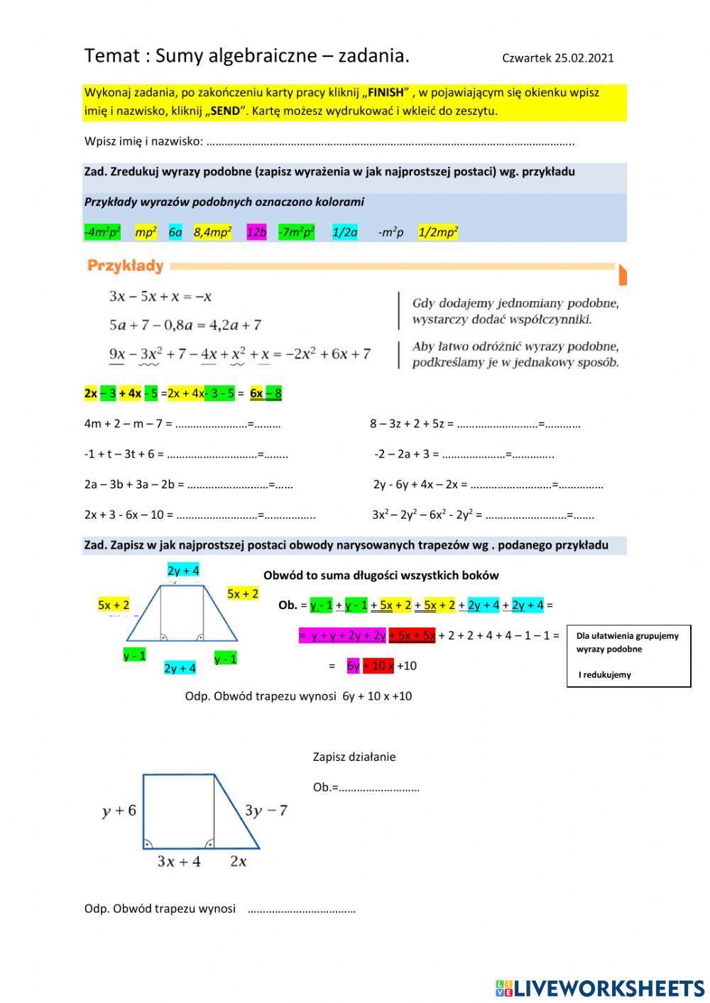 Sumy algebraiczne - zadania.