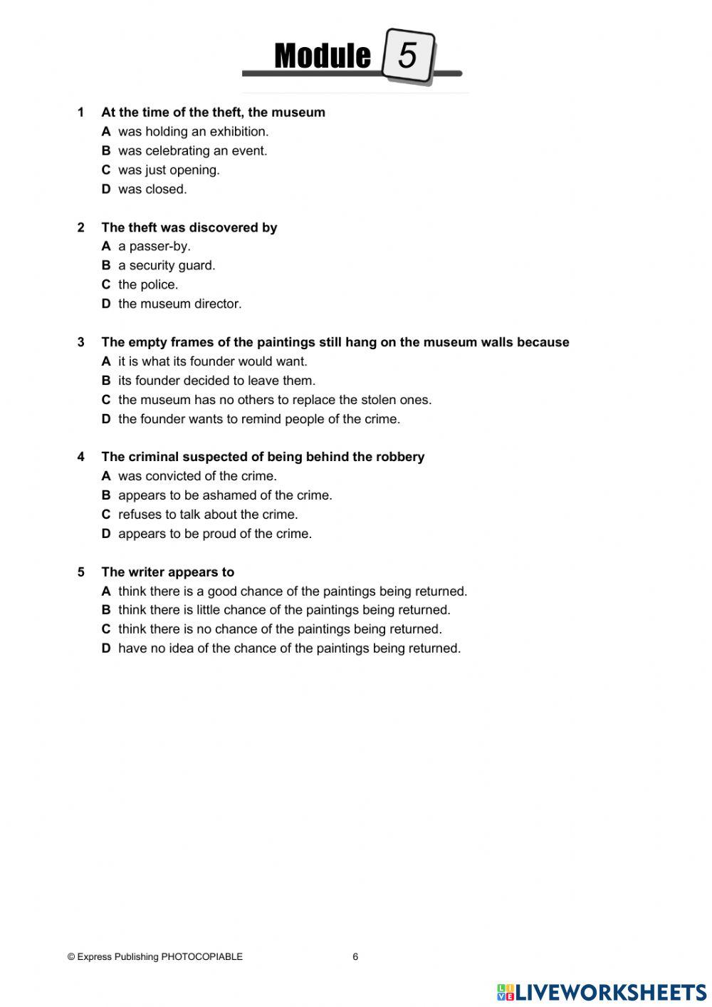 On screen b2 module 5 online exercise for Live Worksheets