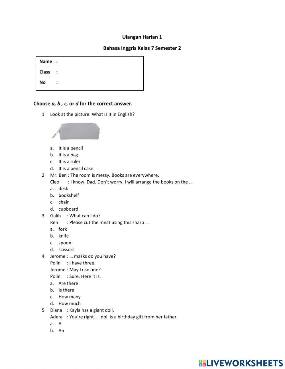 Ulangan Harian 1 Kelas 7 Smst 2 Bahasa Inggris